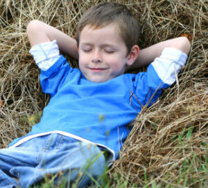 6-7 years old boy lying on haystack - summer time