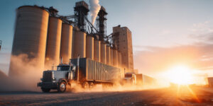 trucks leaving grain elevators