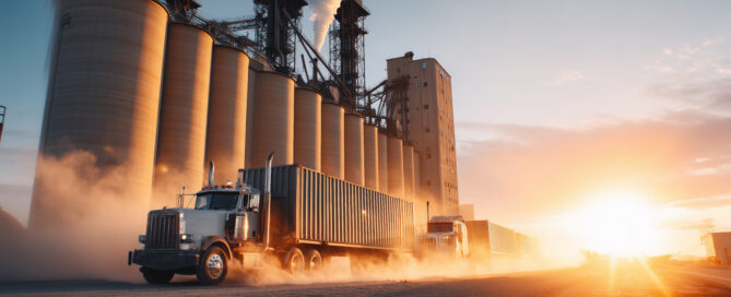 trucks leaving grain elevators
