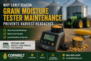Farmer preparing grain moisture tester for harvest season maintenance at Cornbelt Testing