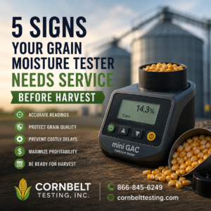 Grain moisture tester being inspected before harvest to ensure accurate moisture readings and grain quality."