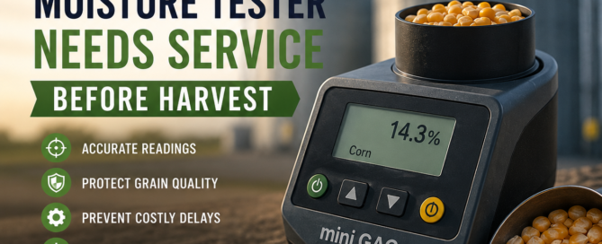 Grain moisture tester being inspected before harvest to ensure accurate moisture readings and grain quality."
